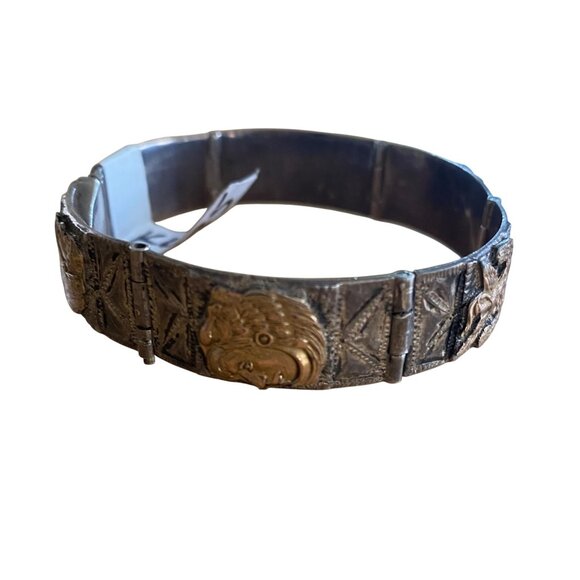 Vintage Mexican Sterling Silver & Gold Accented Panel Bracelet - Picture 5 of 16